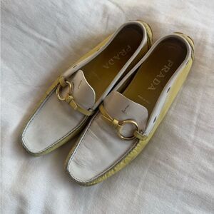 Prada yellow and white horsebit loafers 38